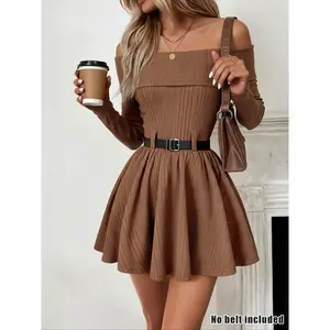 Women’s Fall/Winter New One-Shoulder Asymmetrical Fuzzy Knit Waist-Cinching Fitted Dress, Long Sleeve, Short, Casual Fashion