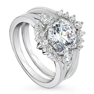 BERRICLE Sterling Silver 3-Stone Wishbone 7-Stone Engagement Rings Statement Stackable Band for Women, 2 Carat Round Cut Cubic Zirconia CZ Ring Set
