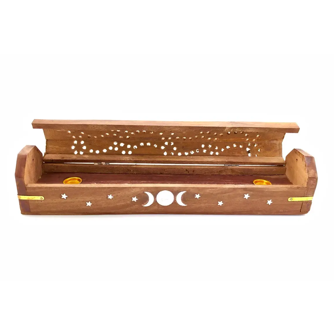 12” Flip-Top Triple Moon Incense Holder — Carved Wooden Box