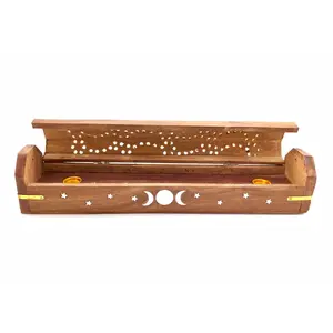 12" Flip-Top Triple Moon Incense Holder – Carved Wooden Incense Box