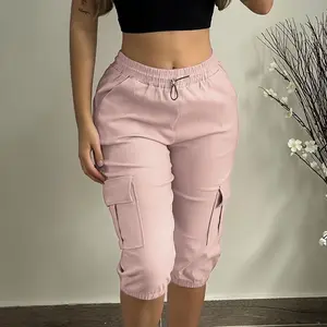 Flap Pocket Capris Cargo Pants, Casual Drawstring Solid Color Sporty Pants, Women's Clothing Pink Bottoms Fabric Womenswear trackpants Comfort Trouser