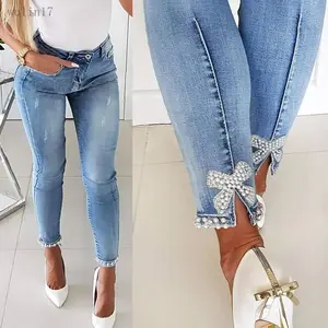 2025Slim Jeans For Women Butterfly Sticky Flowers Beads Slit Feet Pencil Trousers Spring Clothes Sexy Springtop