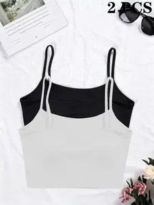 2 Piece Set Women's Summer Cami Tops, Non-Adjustable Comfortable Breathable Simple Slim Fit, Casual Solid Pattern, All Seasons Wear
