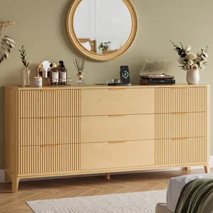 Oxirth Fluted 9 Drawer Dresser, 62.9" Wide Mid Century Modern Wooden Chest of Drawers with Gold Handles, Large Storage Dresser for Bedroom Living Room (Natural)