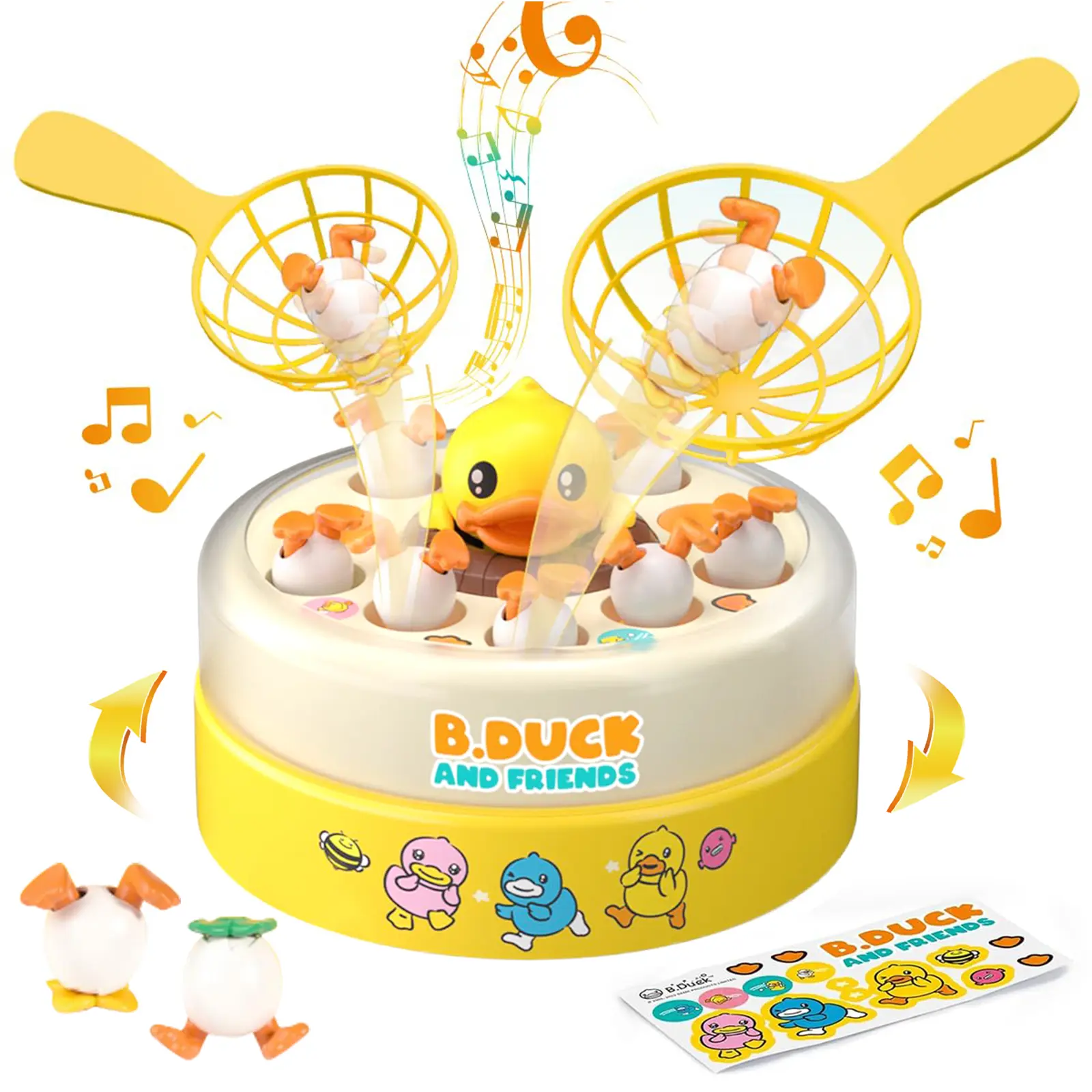 B.Duck Interactive Duck-Shaped Catching Music Game - Rotating Board, 2 Nets, 10 Egg Toys, Themed Sticker, Batteries Included - Unisex Learning Toy Enhances Hand-Eye Coordination, Perfect Birthday Gift