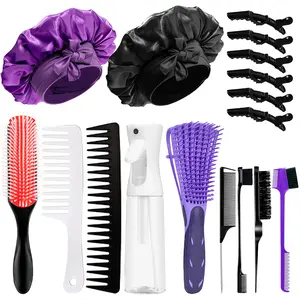 Curly Hair Brush Set 16 Counts Detangler Brush Wide Tooth Comb Nylon Bristle Satin Bonnet Hair Clips Edge Brush Anti Static Hairbrush Purple