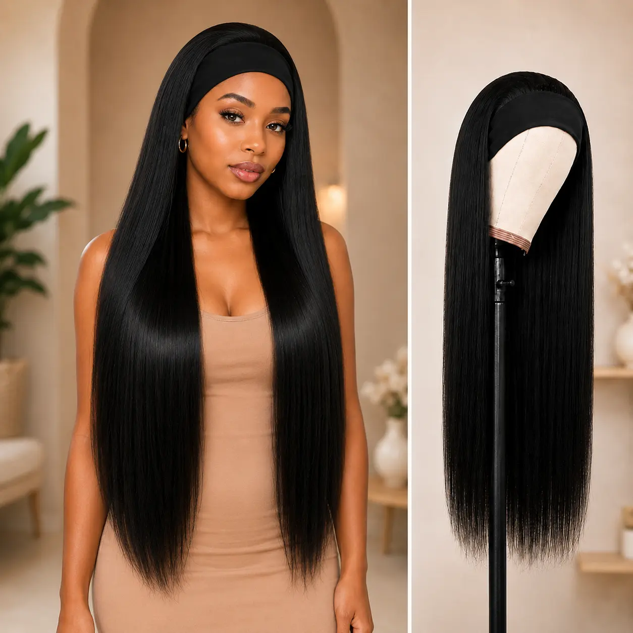 Straight Headband Wig for Women, Glueless Synthetic Wear And Go Wig, No Lace Front Wig, 220% Density Heat Resistant Fiber, Beginner Friendly Natural Black Daily Wig material