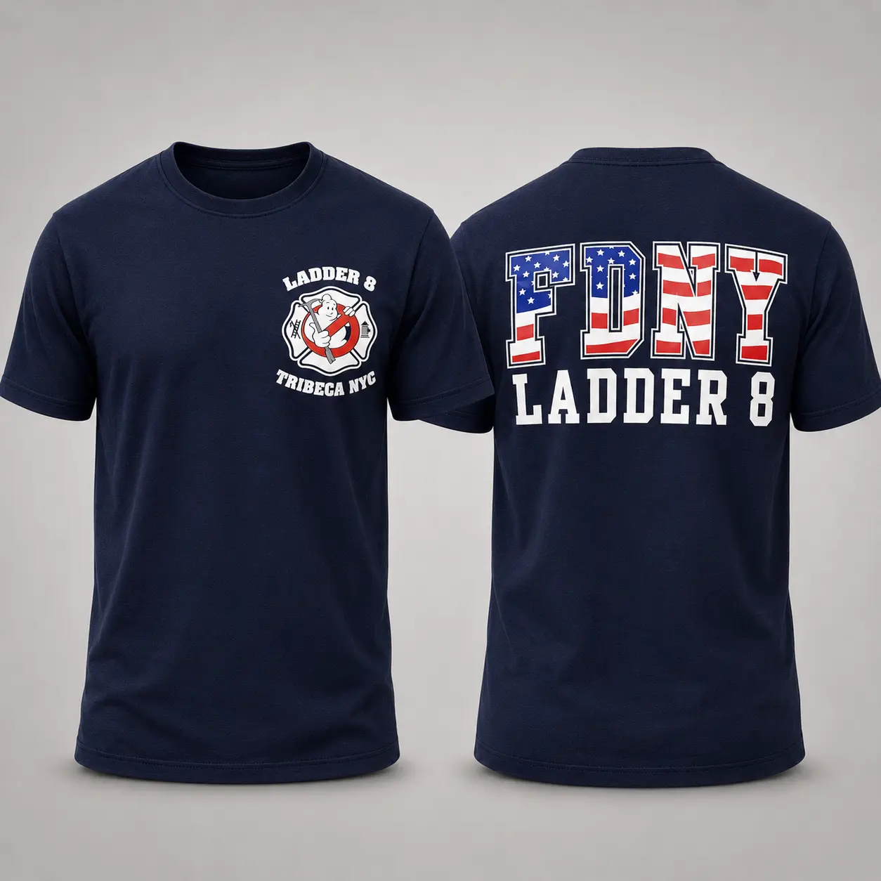 Men’s NYC Ladder 8 Firefighter Short-Sleeve Graphic T-Shirt, Tribeca American Flag Firehouse Tribute Tee