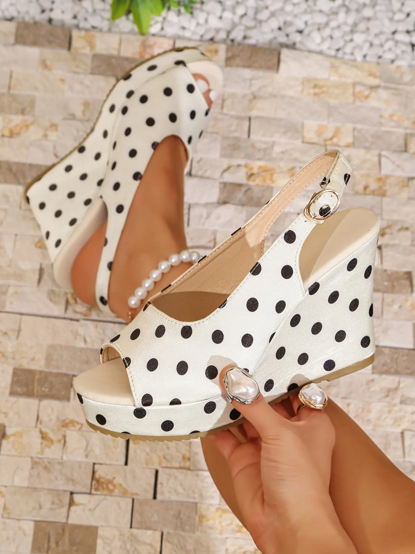 Women's new wedge pointed-toe Heeled sandals, polka dot with buckle slip-on design, a must-have for everyday casual wear, elegant fairy style, essential for date outfits, a must-have holiday gift, Wedge Heels, Buckle Wedges, Summer Wedge Heel