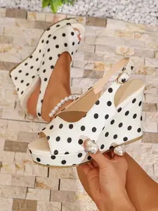 Women's new wedge pointed-toe Heeled sandals, polka dot with buckle slip-on design, a must-have for everyday casual wear, elegant fairy style, essential for date outfits, a must-have holiday gift