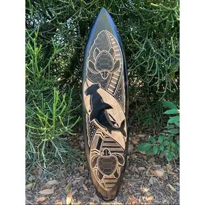 Hammerhead Shark and Sea Turtle Tribal Mango Wood Carving Tropical Decorative Surfboard Plaque 39"x 10"