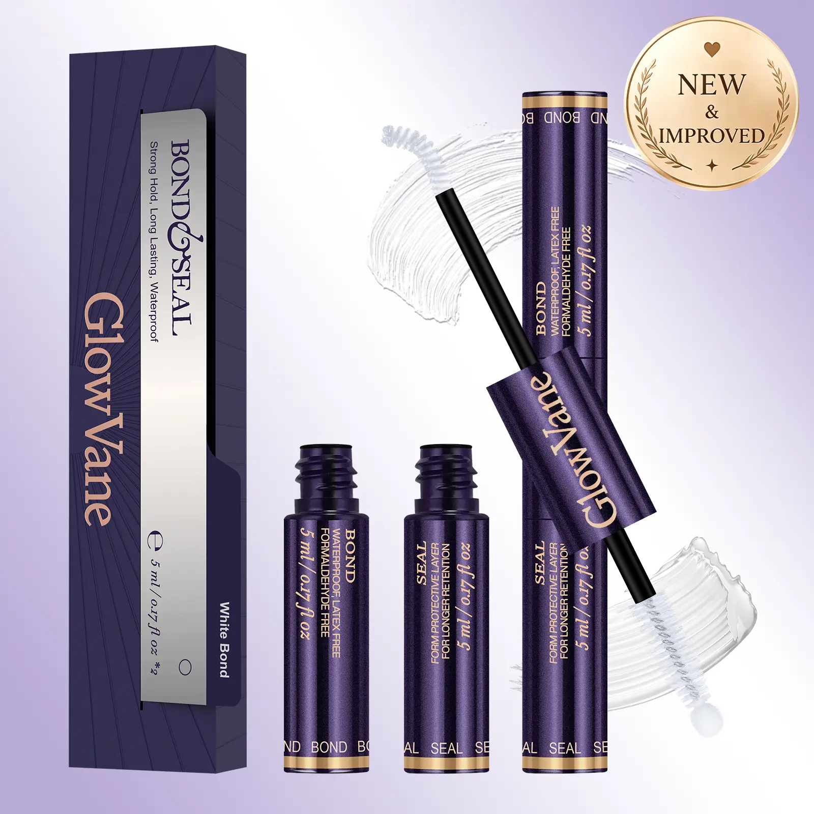 【3.0 UPGRADE】GlowVane Lash Bond and Seal Waterproof Lash Glue for Eyelash Clusters 2-in-1 White Lash Cluster Glue Strong Hold Eyelash Cluster Glue Latex-Free Eyelash Glue Long Lasting Beginner Friendly (5ml+5ml)