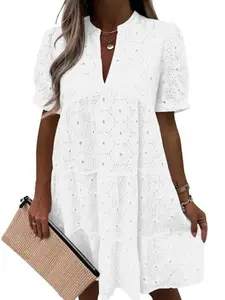 Fessceruna Womens Summer Lace Dresses Eyelet Casual Flowy Babydoll Swing Short Sleeve V Neck Tunic Dress