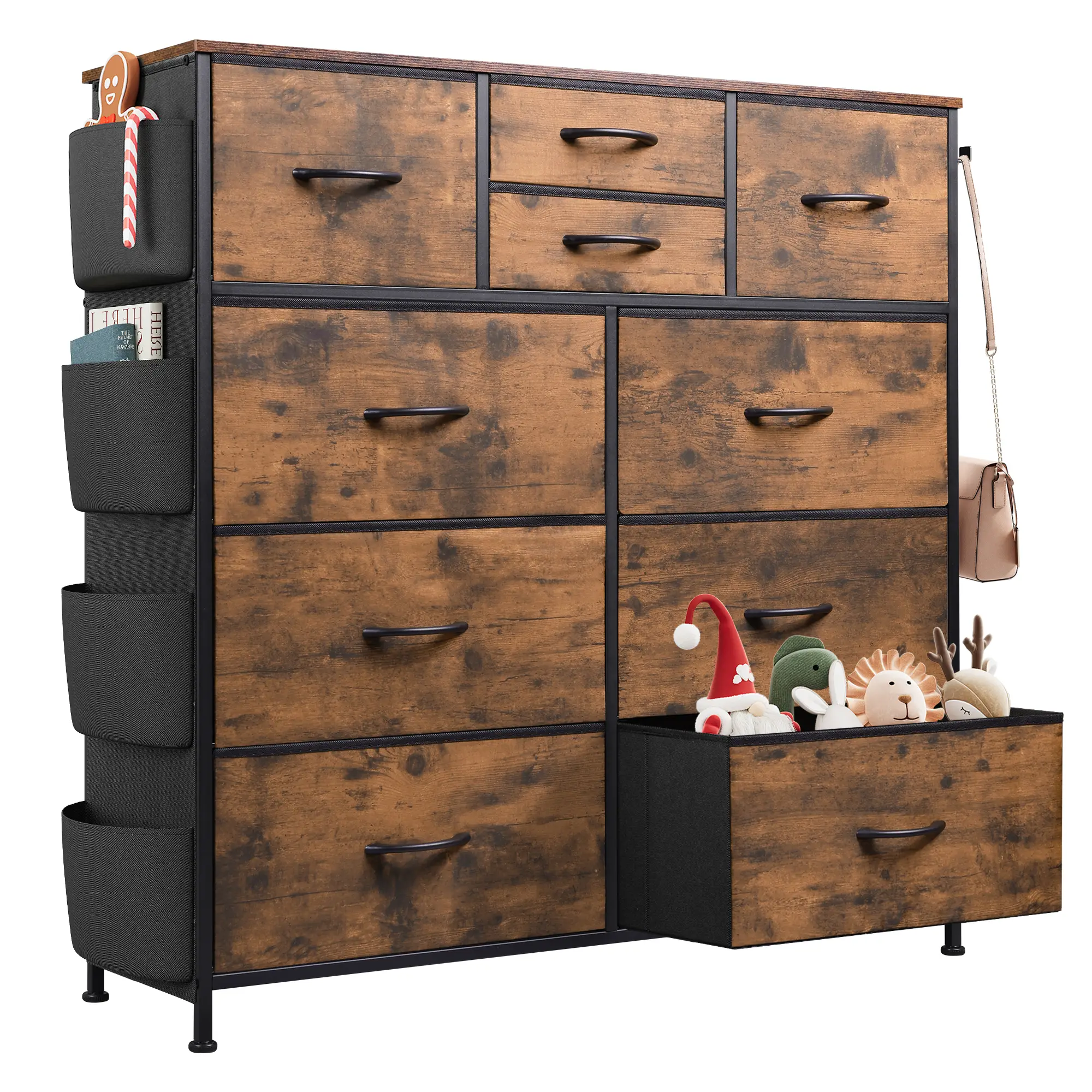 WLIVE Dresser for Bedroom with 10 Drawers, Fabric Dresser Chest of Drawers with Side Pockets and Hooks, Sturdy Metal Frame, Drawers Organizer Unit for