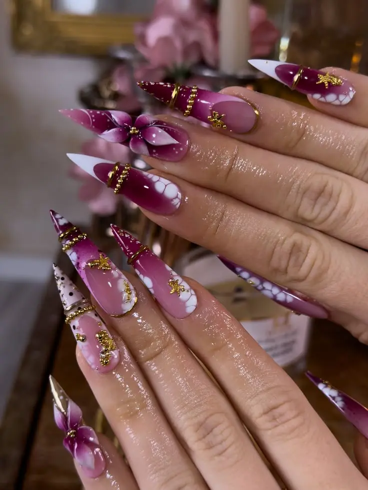 Luxury Floral Press On Nails Extra Long Stiletto Magenta Purple Fake Nails with 3D Flowers Gold Rings Star Charms White Lace Full Cover False Nails Baddie Elegant Reusable Acrylic Manicure Kit for Women Party Salon Quality