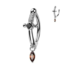 Silver Sword with Black Gem Steel Belly Button Ring Dangle Bar Naval Navel 14g 1/2" Low Profile Hinged Clicker