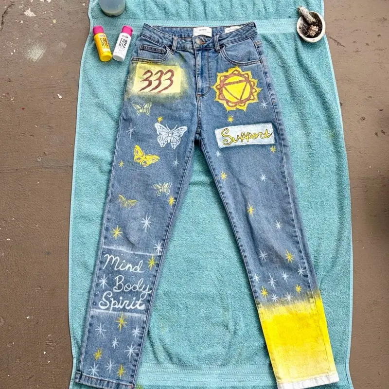 Hand Painted 333 Angel Number Denim Jeans | One-of-One Custom| Size 6