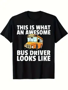 Funny School Bus Driver T-Shirt - "This Is What an Awesome Bus Driver Looks Like" Slogan & Yellow School Bus Graphic Black Short Sleeve Tee for Men & Women 220GSM Pure Retro Casual Shirt for Bus Drivers Machine Washable