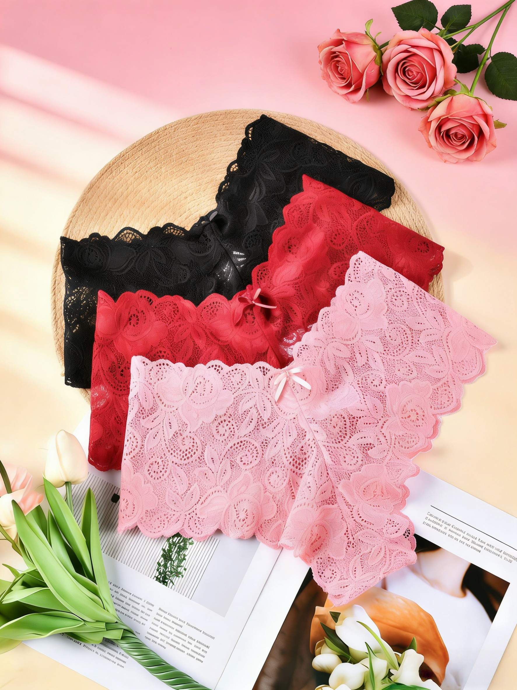 HH    18 - piece set of floral lace panties with bowknots. Breathable, comfortable, stretchy,  lace, camping, dinners.dresses women.thanksgiving outfit Merry Christmas. Home Warmth.underwear for women.thong.ladies' intimates