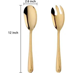 Large 12" Salad Servers Set Serving Spoon Fork 18/10 Stainless Steel - Gold