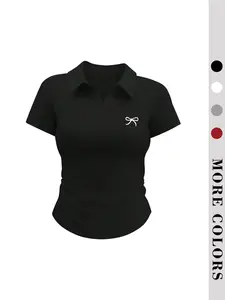 New V Neck Butterfly Knot Print Ruched Slim Fit Short Sleeve T-Shirt, Polo Collar Style, Comfortable Women's Top for Spring Summer