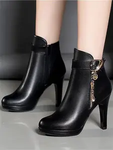 Women's Short Boots Autumn Winter New Round Toe Side Zipper Rhinestone Fashion High Heel Boots Large Size Casual Shoes