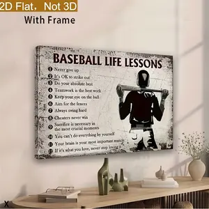 2D Flat with Frame, 2D Plane, Baseball Life Inspiration - Motivational Sports Decor, Never Give Up, Perseverance, Teamwork Quotes - Wooden Framed Art for Living Room, Bedroom