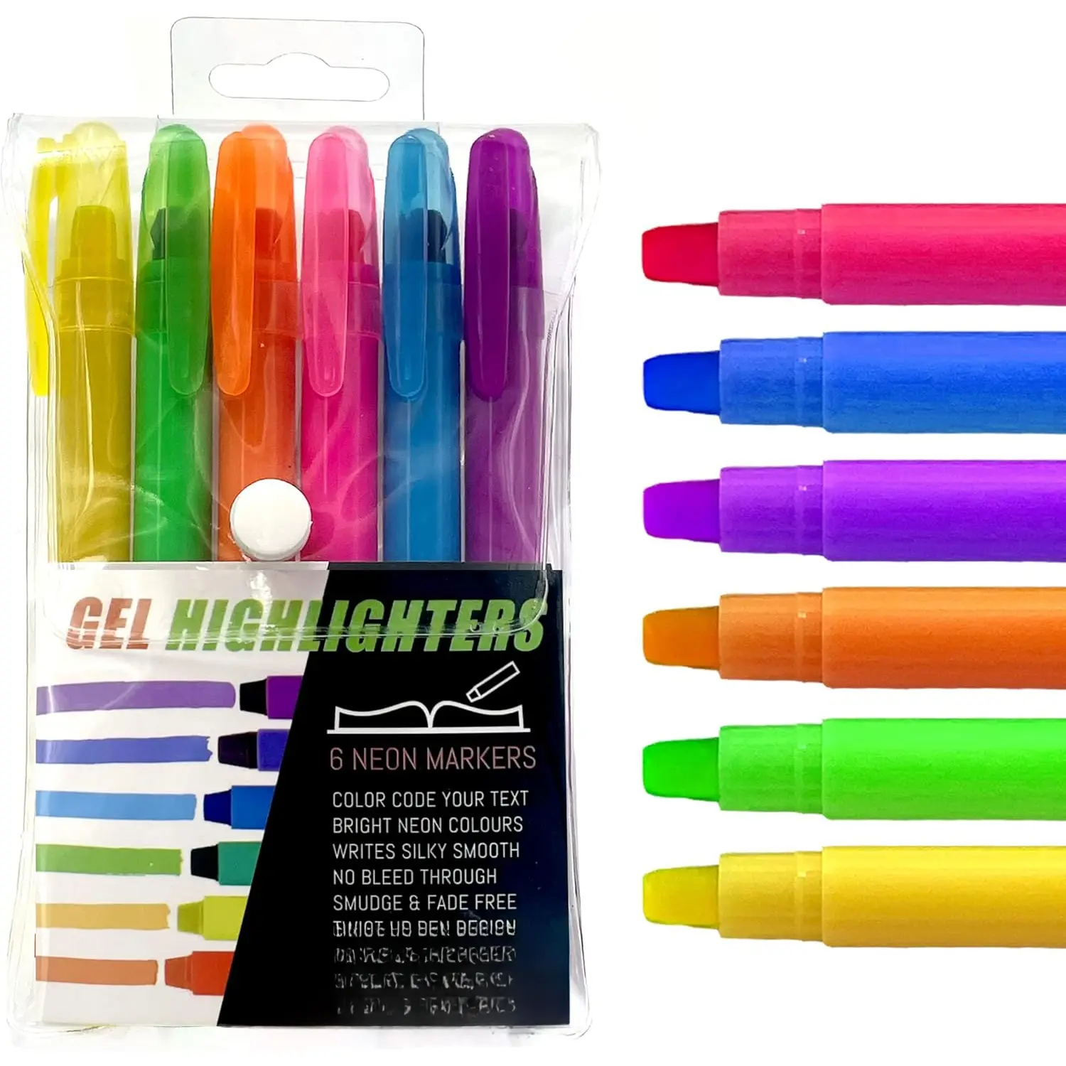 - 6 Pack Student Gel Highlighters Assorted Colors, 6 Different Bright Highlight Colors Yellow, Pink, Green, Blue & more, Multicolor No Bleed & Smearing Marker Pens for Journaling & Studying