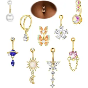 ZELORES 9Pcs 14G Belly Button Rings for Women Surgical Stainless Steel Belly Ring Cute Navel Rings Butterfly Flower Heart Double Hoop Dangle Belly Button Ring Set