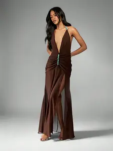 MISSGUIDED Ruched Chiffon Stone Detail Maxi Dress