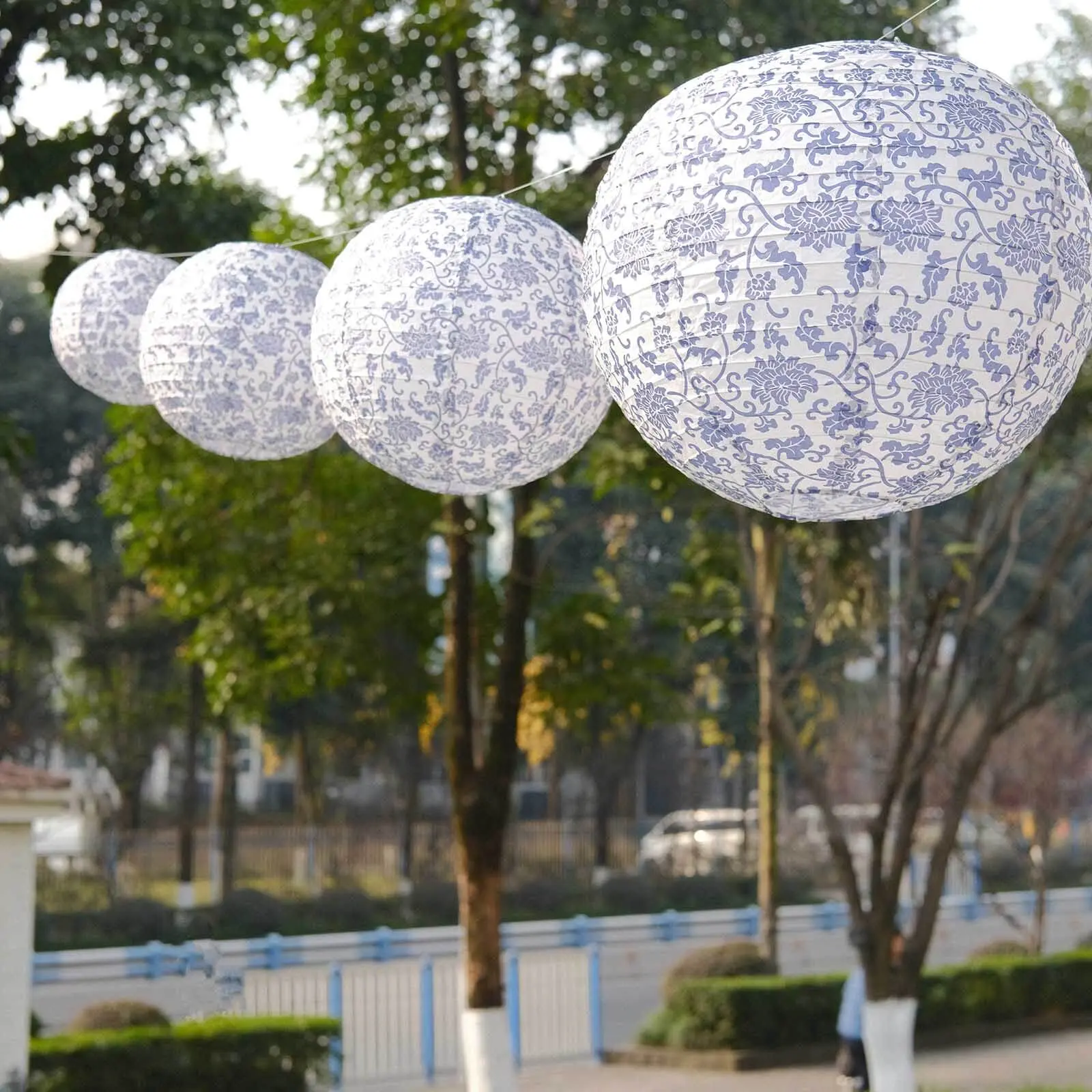 Set of 8 White Blue Hanging Chinese Lanterns in French Toile Floral Pattern, Festival Paper Lanterns - 6",8",10",14"