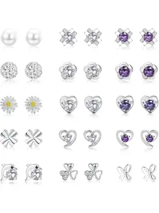 15 Pairs Stud Earrings Stack Set Plated 925 Sterling Silver Cubic Zirconia Earring Pearl Crystal Round Heart Shaped Earrings CZ Flower Butterfly Stud Earrings Jewelry for Women Girls Cubic Zirconia Studs