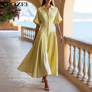 UOOZEE Women's Bright Yellow Short-Sleeve Lapel Collar Button-Up Maxi Shirt Dress - Ruched Waist, Fresh Casual Workwear & Vacation Outfit