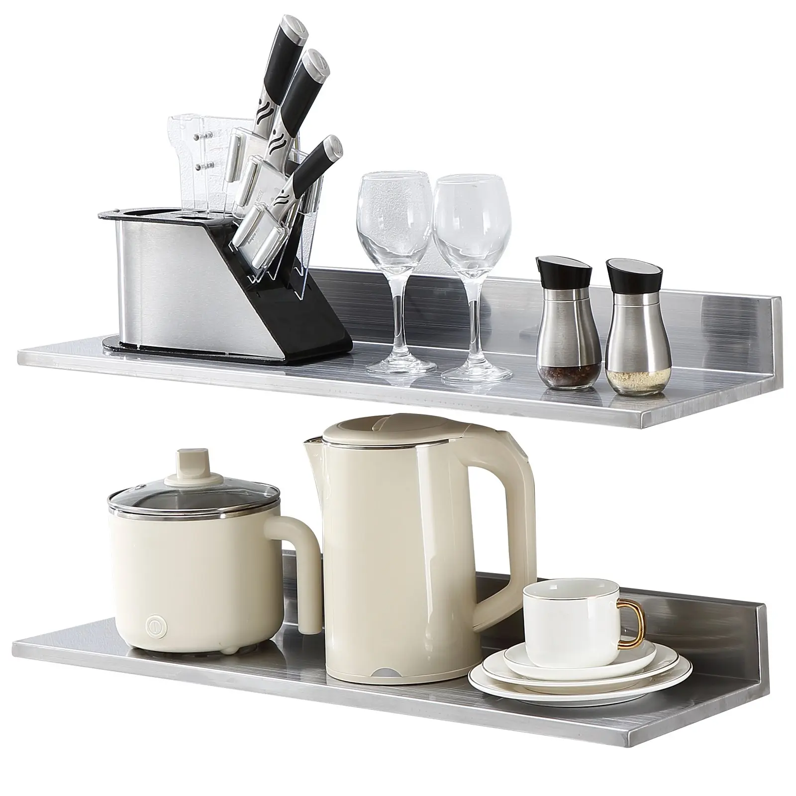 VEVOR 2-Pack Stainless Steel Floating Shelves, 8.6x30 in L-Shaped Wall Mounted Racks with Backsplash, 44 lbs Load Capacity Multifunctional Commercial Shelves for Kitchen/Bar Commercial Users, Decor