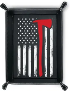 Firefighter Gifts for Men Valet Tray, Gifts for Firefighter, Fireman, PU Leather Storage Organizer, Perfect for Birthday, Father's Day - Flag