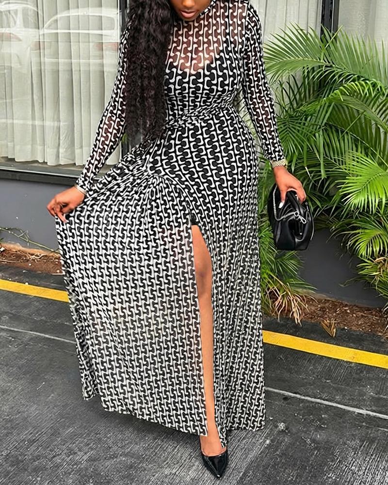 ChicMe Women's 2-Piece Geometric Print Maxi Dress Set Sheer Long Sleeve Mesh Overlay & Cami Dress Elegant High Slit Tie Waist Wedding Guest Dress