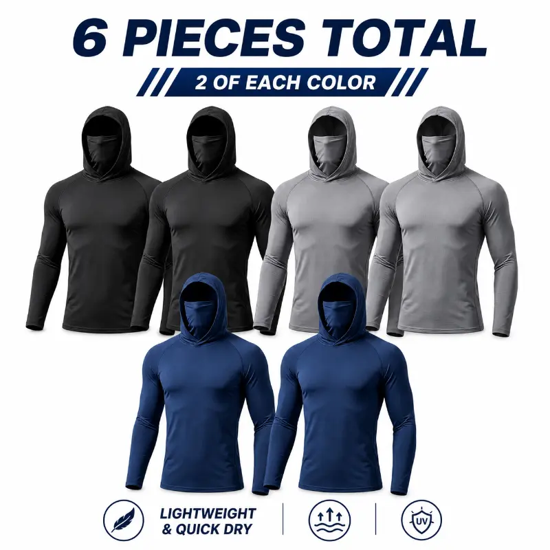 Men's Unisex 3/6-Pack Polyester Hooded Compression Shirts with Face Cover, UPF 50+ Sun Protection, Quick-Dry, Stretch, Lightweight, Breathable Long-Sleeve Outdoor Wear for Fishing, Hiking