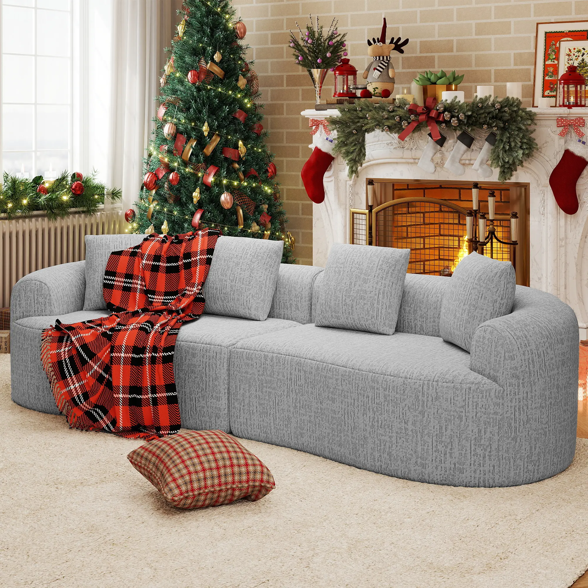 110” Boneless Crescent-Shaped Cloud-Soft Modular Sectional Sofa Set, 4-Seater Living Room Sofa with 4 Pillows, No Assembly Required, Light Gray, Cloud-Soft Sofa Sets, Crescent-Shaped Sofa Sets