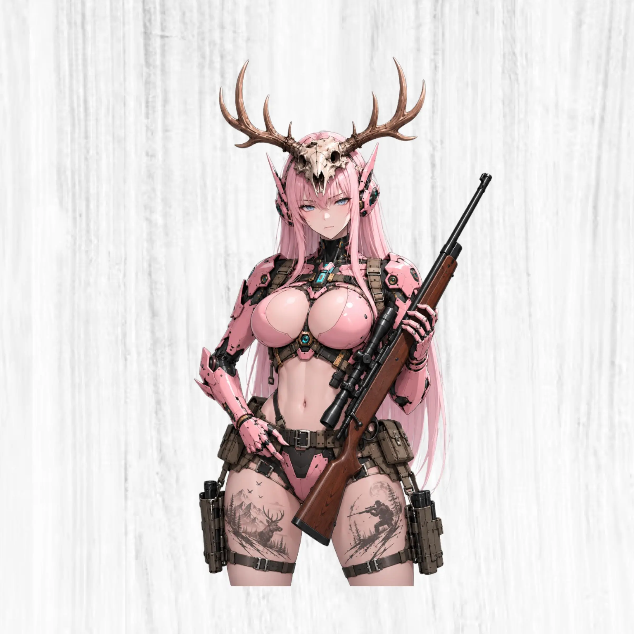 Pink Cyborg Deer Hunter Sticker, Anime Tactical Huntress Girl, Antler Skull Rifle Vinyl Decal for Laptop Tumbler Truck Cooler