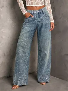 Women's Rhinestone Embellished Straight Leg Blue Jeans,Holiday Party