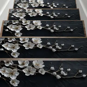 Cherry Blossom Pattern Stair Mat, 15pcs/set Non-slip Stair Treads, Indoor Runner for Elders & Pets, Home Decor, Boho Runner Rug