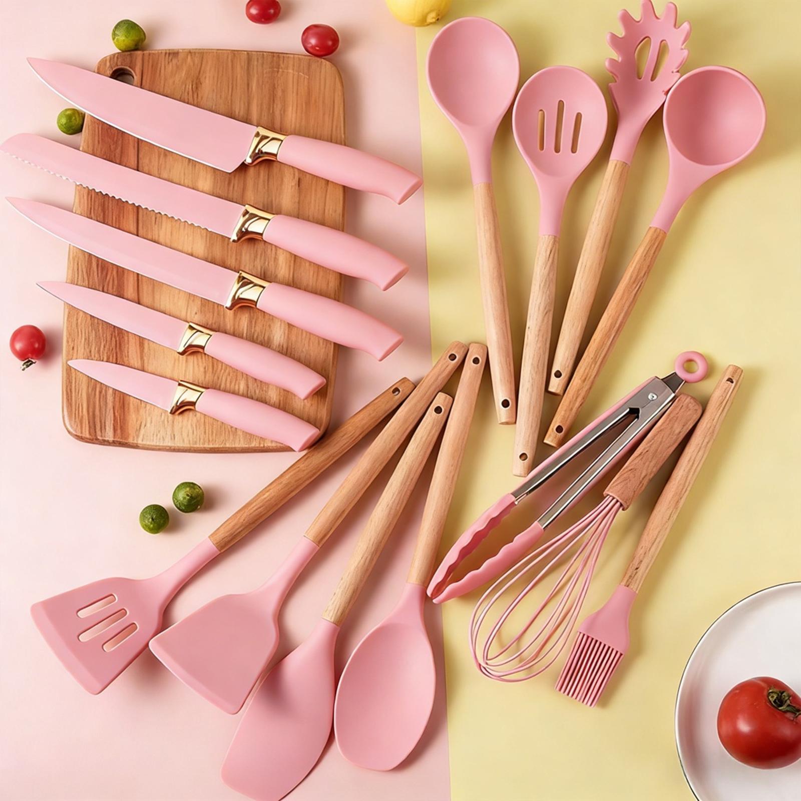 19-piece silicone kitchen utensil set, cooking tools with wooden handles, non-toxic, BPA-free, silicone spoon, rotating clamp, kitchen utensils, nonstick utensils with stand—an excellent choice for mothers, friends, or loved ones, kitchen soup ladle.