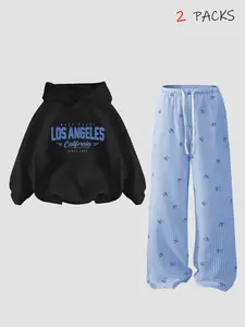 Women's Fall Winter 2-Piece Set, Drawstring Hoodie Sweatshirt & Loose Fit Pants, Butterfly Print, Casual Comfortable