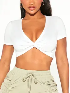 Summer Women's Solid Color Deep V-Neck Twist-Knot Cropped Fitted Knit T-Shirt. Sexy and stylish, ideal for casual outings.
