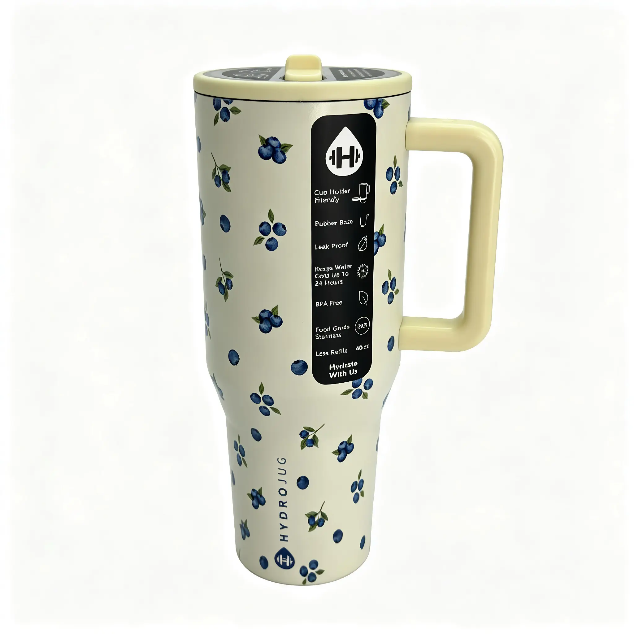 HydroJug 40 oz Stainless Steel Leak-Proof Water Bottle with Modern Blueberry Print - Comfortable Drinkware for Office, Library Use