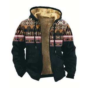 [Vintage Ethnic Hoodie] Vintage Ethnic Style Men's Fashion Hoodie - Casual Print with Fleece Lining and Zipper