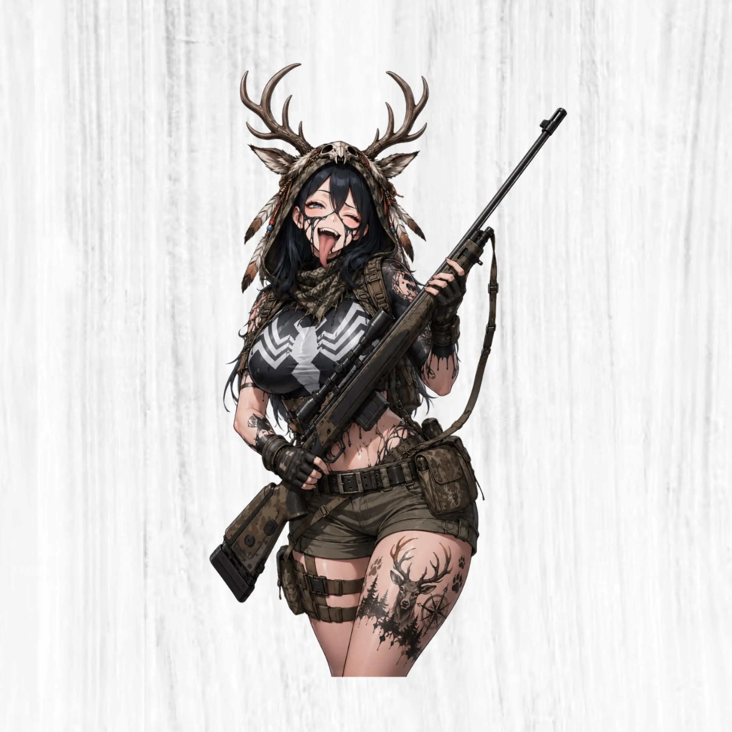 Dark Anime Deer Hunter Sticker, Tactical Huntress with Antler Hood and Scoped Rifle, Outdoor Vinyl Decal for Laptop Tumbler Truck Cooler