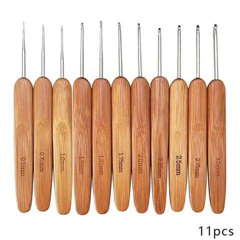 11pcs/set Crochet Hooks Ergonomic Crochet Needles, Bamboo Wooden Handle Small Size Crochet Hook (0.5-3.0 Mm) Knit Weave Yarn Craft Diy Sewing Tools For Fine Work, Thin Yarn And Lace Knitting