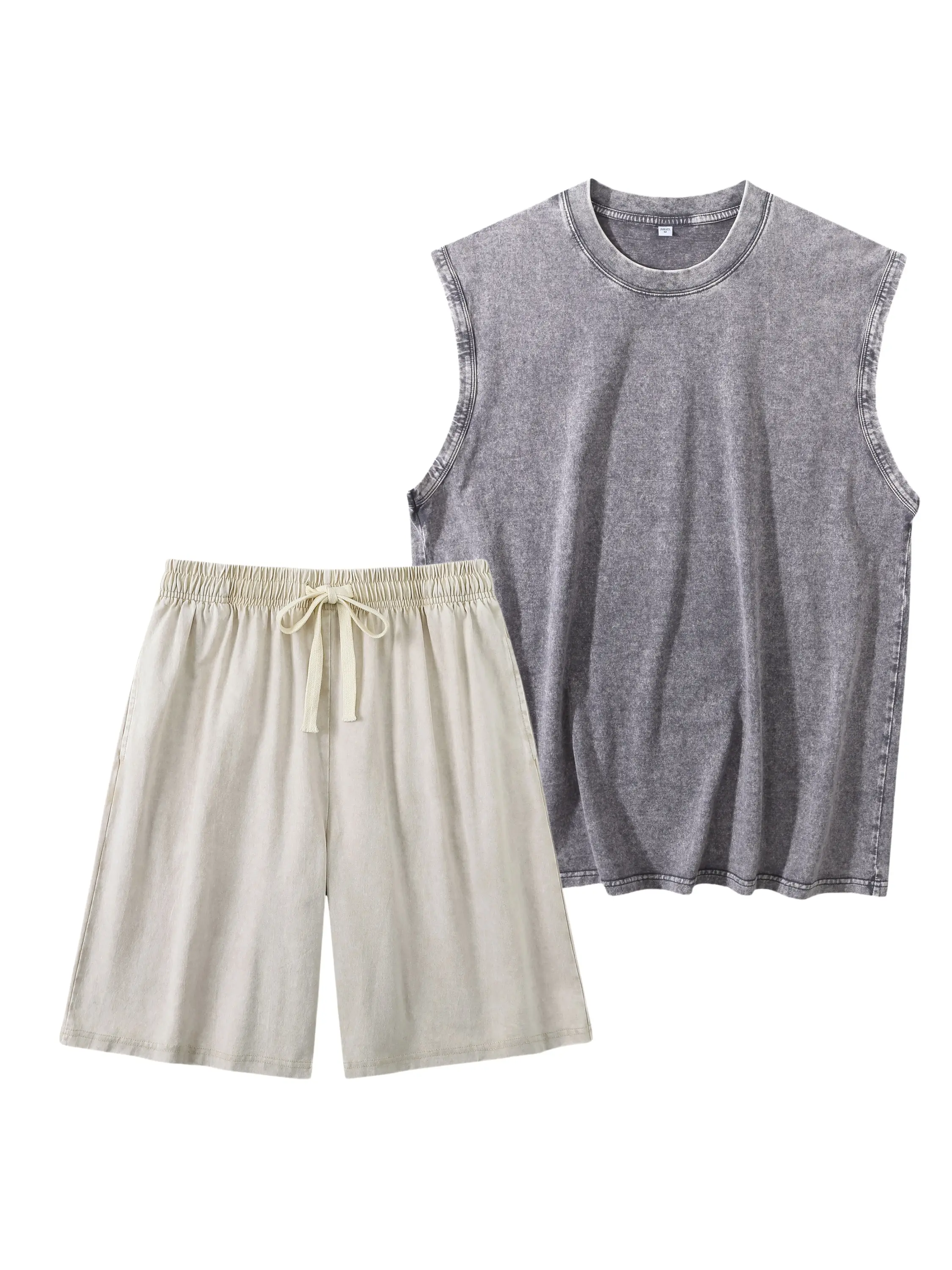 Men's 2-Piece Retro Vintage Washed Cotton Outfit Set - Stretchy Fabric Sleeveless Tank Tee, Elastic Drawstring Straight Shorts, Oversized Grunge Streetwear, Round Neck, Ribbed Comfy Soft Summer Gym Lounging Matching Menswear, Tank Top