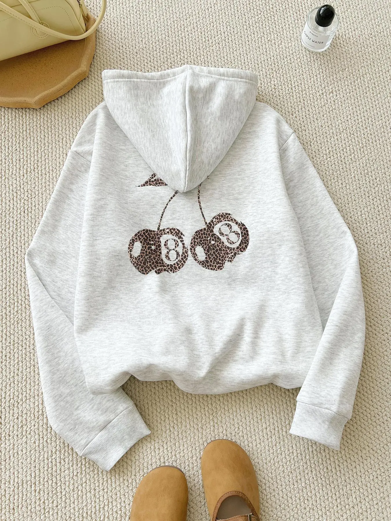 Women's Leopard Cherry Print Drop Shoulder Thermal Lined Hoodie, Fashion Casual Drawstring Pocket Hooded Sweatshirt for Daily Holiday Outdoor Wear, Women Clothing for Fall & Winter